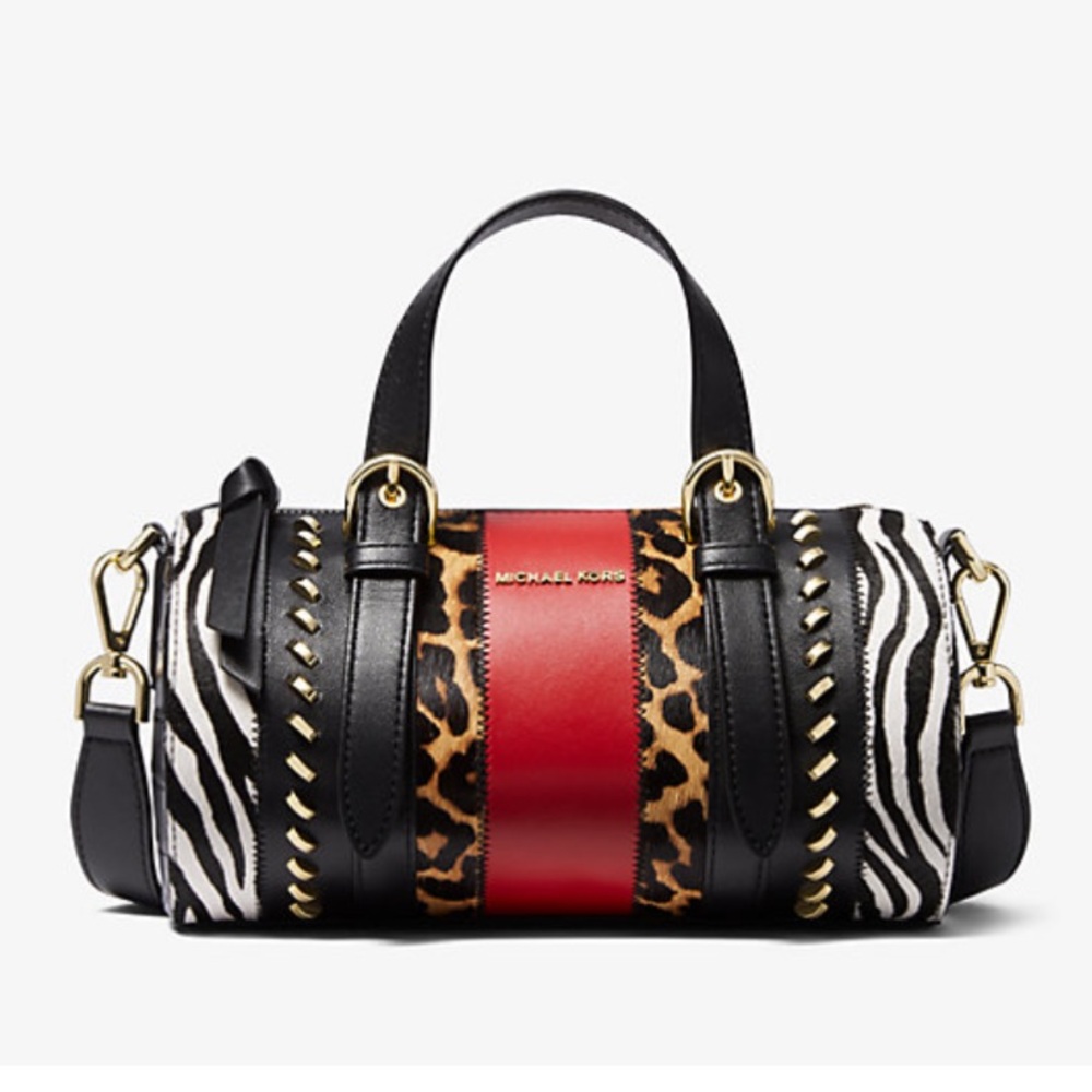 🌺NWT Michael Kors Stanton Black/Red Animal Print Med EW Barrel Leather Msgr